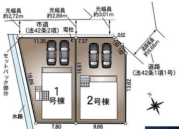 全体区画図からそれぞれの棟と駐車スペースの配置が明確に確認できます。駐車スペースも各棟2台分ずつあり車の出し入れがしやすい設計です。
