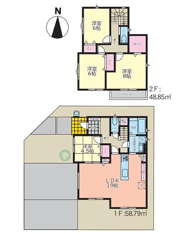 1階のLDKは19帖と広々とした空間です。各部屋に収納スペースがあり整理整頓に便利です。2階には3つの洋室がありプライベートな空間も確保されています。