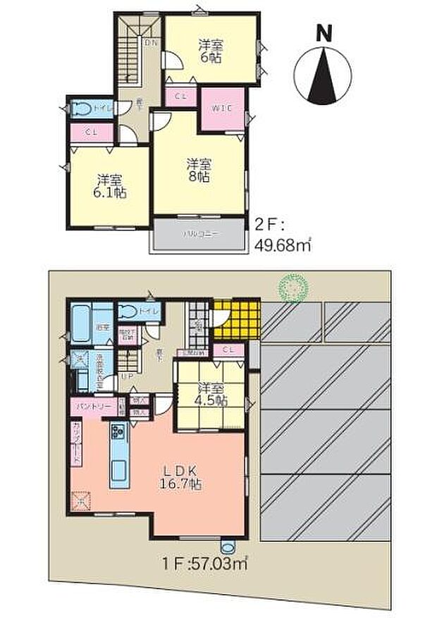 ゆとりある16.7帖のLDKや全居室収納付きの間取りが魅力です。2階には3室を備え主寝室にはウォークインクローゼットもあります。1階にはパントリーや4.5帖の和室スペースも設けられています。
