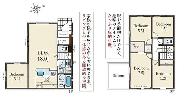 1階には広々としたリビングダイニングがあり家族とゆったり過ごせます。2階には個室が4部屋あり使い分けがしやすい間取りです。収納スペースも豊富に設けられており荷物の整理に便利です。