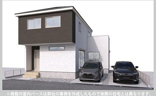 ツートンカラーの外観が印象的な同仕様写真です。大きな窓から光が差し込み明るい雰囲気が感じられます。駐車スペースも2台分確保されお車をお持ちの方にも便利です。シンプルなデザインが落ち着いた印象です。