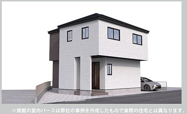 シンプルな外観デザインが印象的な同仕様写真です。窓がバランス良く配置されており外観にも統一感があります。すっきりとした配色が現代的な雰囲気を演出しています。駐車スペースもしっかり確保されています。