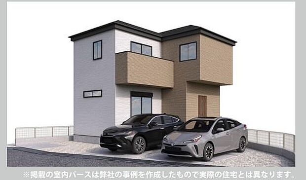 シンプルな外観デザインが魅力の同仕様写真です。2台分の駐車スペースがゆとりある造りとなっています。窓の配置が工夫されており明るい印象を与えます。玄関までのアプローチもすっきりとしています。