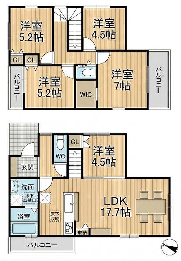 落ち着いた配色の間取り図で各室の配置が分かりやすく表示されています。広々としたLDKがあり洋室も複数設けられています。ウォークインクローゼットなど収納スペースも豊富です。