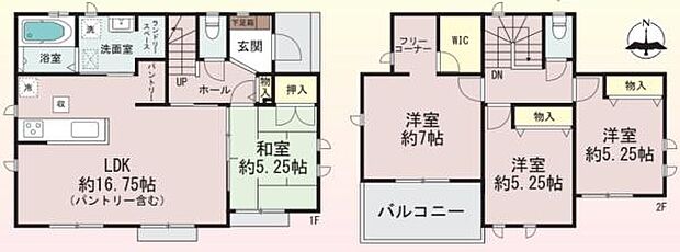 ゆとりのあるLDKに加え和室も備えた間取りです。各部屋に収納が配置されておりすっきりとした空間が保てます。2階にはバルコニーやフリースペースもあり用途に合わせて活用できます。