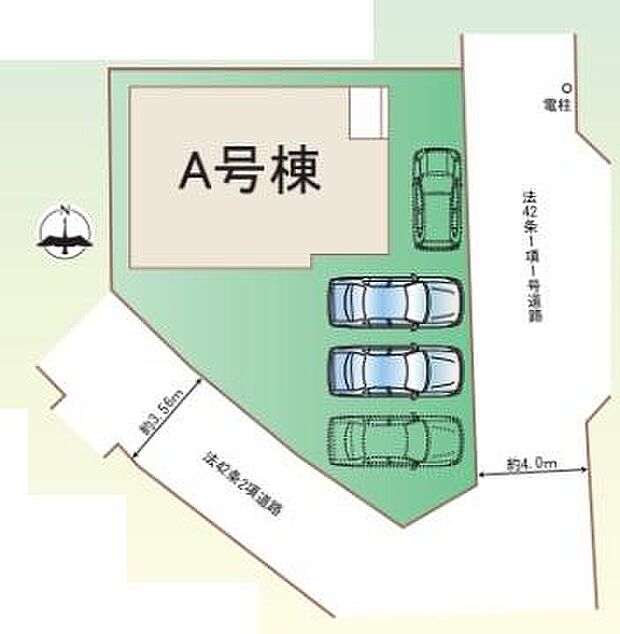 敷地全体が見渡せる区画図です。駐車スペースが複数台分確保されており建物の配置も分かりやすいです。前面道路の幅員も明記されており安心してご検討いただけます。車の出し入れもしやすい形状となっています。
