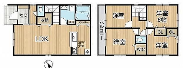収納スペースが豊富に備わっている間取りです。バルコニーとウォークインクローゼットも設けられています。水まわりの動線がシンプルです。全室が洋室仕様となっています。リビングが広く開放感のある設計です。