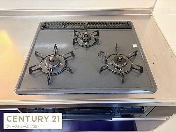 3口ガスコンロを備えたキッチンです。調理スペースが確保されておりお手入れしやすいデザインです。無駄のないレイアウトが特徴です。ステンレス素材で清潔感があります。収納もしっかりと設けられています。