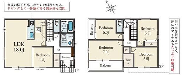 広々としたLDKが魅力的な間取りです。2階には4つの居室がゆったり配置されており各部屋に収納スペースも確保されています。バルコニーが2か所あり日当たりや風通しも期待できます。
