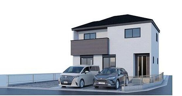 シンプルで洗練された外観が印象的な同仕様写真です。二台分の駐車スペースが確保されています。外観のデザインは落ち着いた色合いで統一されています。全体的にバランスの取れたフォルムです。