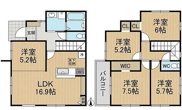 各部屋の広さが分かりやすく動線も意識された間取りです。収納スペースが充実しており生活空間にゆとりがあります。2階にはバルコニーもあり多様な利用が可能です。