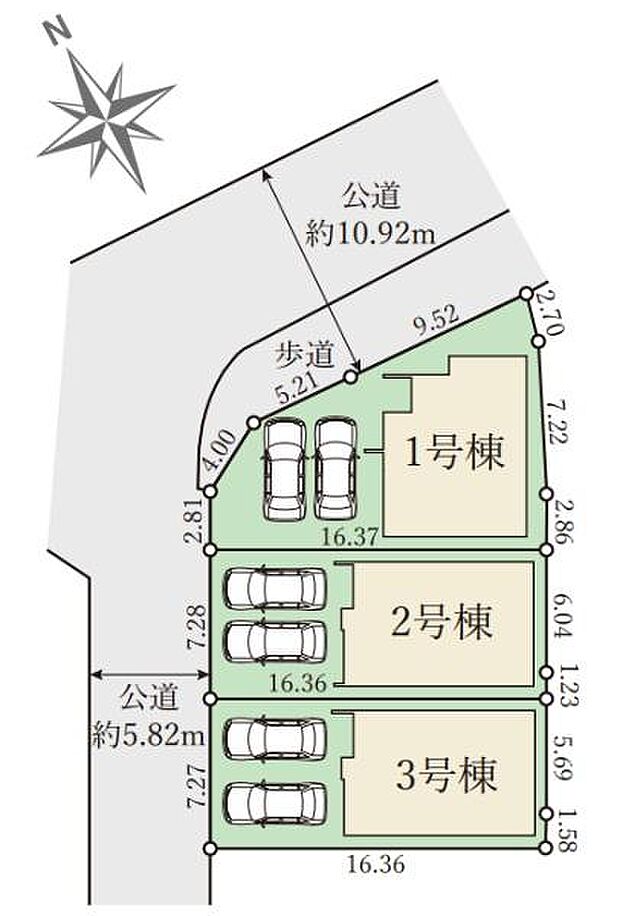 区画図には道路との接道状況や敷地の形状が詳細に記載されています。建物と敷地の配置関係が一目で分かります。敷地の広さや周辺道路との関係を把握しやすくなっています。建物の配置や駐車スペースも確認できます。