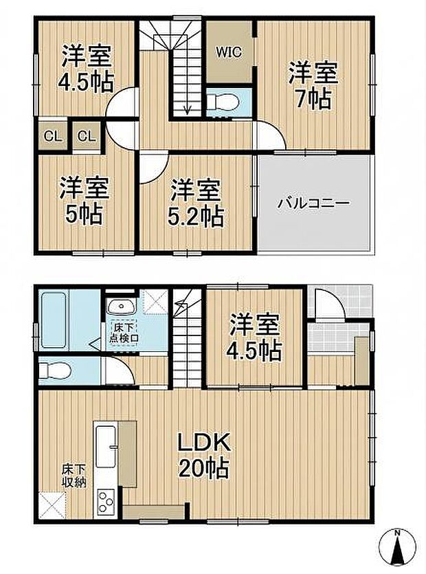20帖のLDKが広々とした空間を演出しています。洋室が5部屋あり使い分けが可能です。ウォークインクローゼットや床下収納など収納スペースも充実しています。