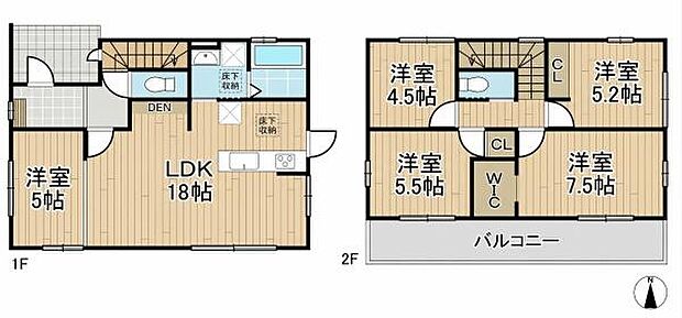 ゆとりあるLDK18帖が魅力の間取りです。2階には洋室が4部屋あり収納スペースも充実しています。バルコニーが広く複数の部屋からアクセス可能です。1階にも洋室があり多目的に活用できます。