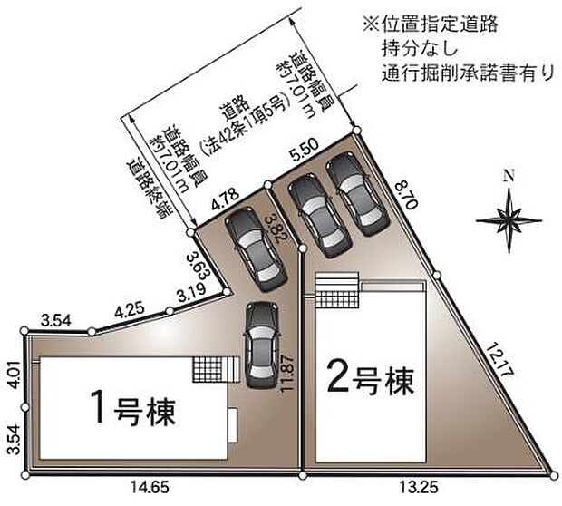 車の並列駐車が可能なゆとりある区画配置です。建物と駐車スペースの動線が確保されており敷地が広く使いやすいレイアウトです。南向きの配置で日当たりが期待できる形状になっています。