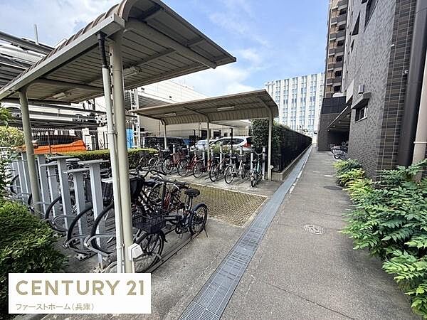 駐輪場には屋根が設置されており自転車を雨から守ることができます。敷地内は広々としており通路も整備されています。周囲には緑があり管理が行き届いた印象です。