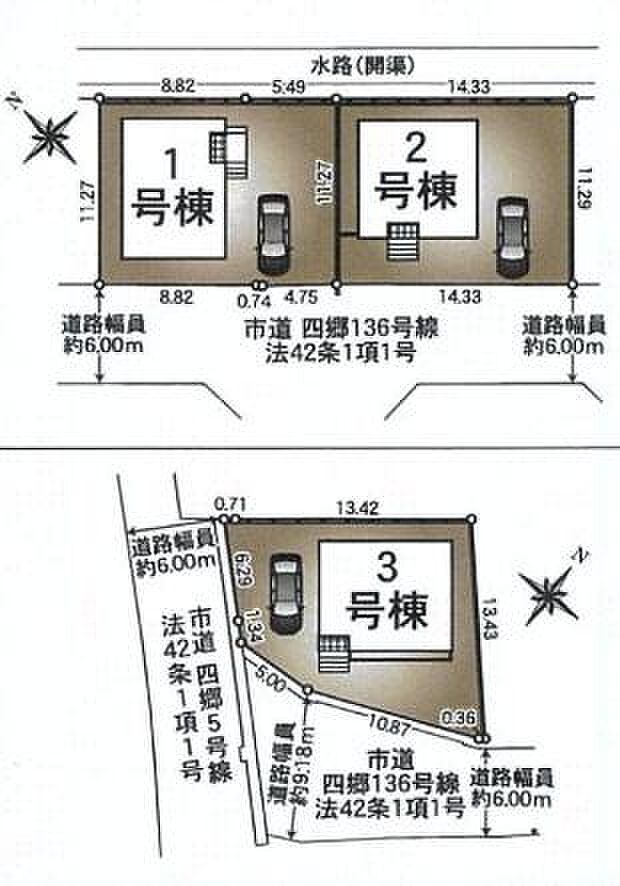全体区画図には3棟それぞれの配置や駐車スペース前面道路の幅員などが明確に記載されています。道路に面した区画で出入りしやすく敷地の広がりが分かりやすい図面です。