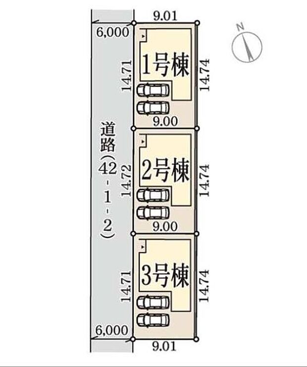 全体区画図では3つの区画が道路に面して並んでいる様子が分かります。各区画には駐車スペースが用意され車の出し入れもスムーズです。敷地の形状も整っており用途に応じた使い分けが可能です。