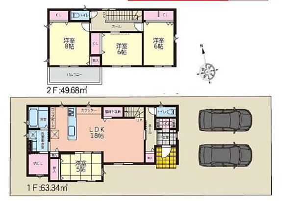 2階建ての間取りで1階には広々としたLDKと和室2階には3つの洋室があります。各部屋に収納があり日々の整理整頓にも役立ちます。駐車スペースも2台分確保されているので便利です。