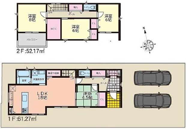 ゆとりあるLDKや和室が配置されており2階にも3部屋とバルコニーが備わっています。1階には駐車スペースがしっかり確保され使いやすい間取りです。ウォークインクローゼットや各部屋の収納も整っています。