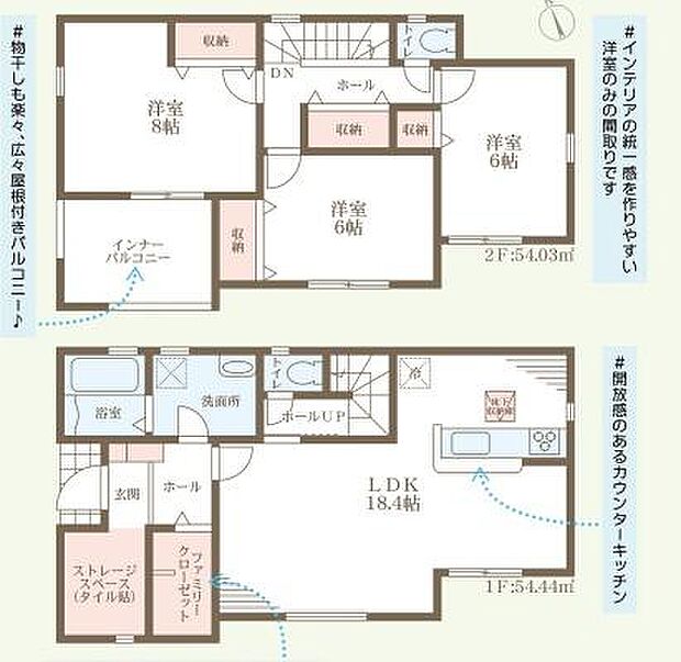 ゆとりのある広々とした間取りが魅力です。収納スペースが複数あり整理整頓しやすい設計です。2階には洋室が3部屋ありプライベート空間も充実しています。