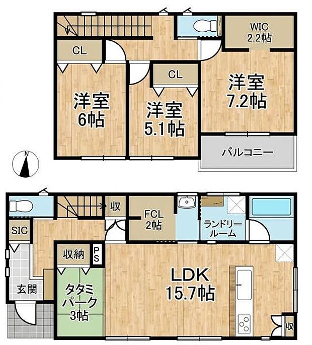 2階にはゆとりのある7.2帖の主寝室やウォークインクローゼットを備えています。1階のLDKは15.7帖と広く隣接するタタミパークも便利です。収納スペースが多く使い勝手が良い間取りです。