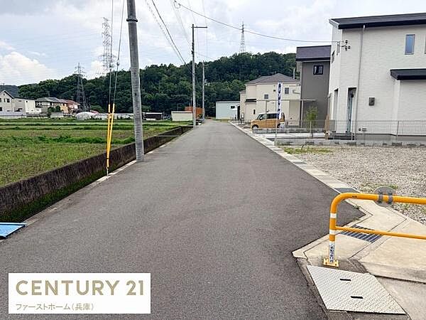 前面道路はゆとりのある幅員で車の出入りもスムーズに行えます。周囲は住宅や緑に囲まれた環境となっています。道路沿いに電柱も整備されておりインフラも充実しています。舗装済みの道路がしっかりと整っています。
