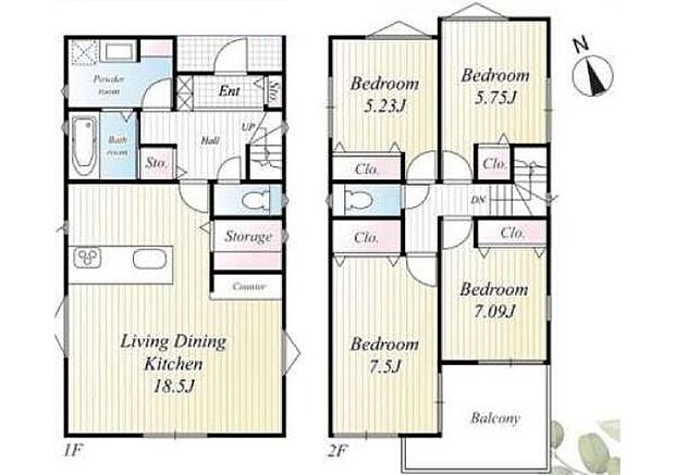 1階と2階に分かれた間取りで家族構成やライフスタイルに合わせた使い分けが可能です。各部屋に収納スペースが設けられており住空間をすっきり保てます。