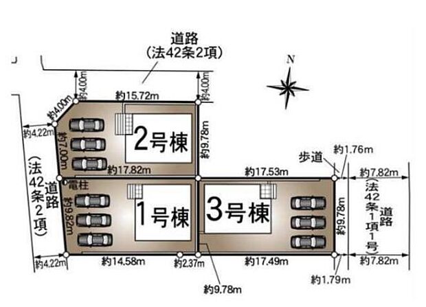 駐車スペースが3台分あり車を複数所有される方にも便利です。敷地が整形で建物の配置がゆとりある設計です。土地の有効活用が可能な全体区画図です。