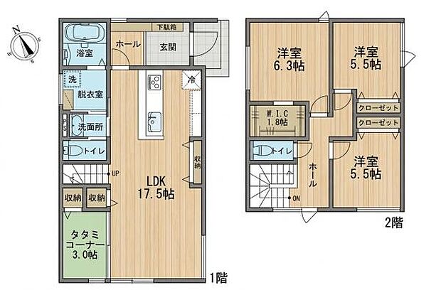 広々とした17.5帖のLDKが魅力的です。二階には3つの洋室がありそれぞれに収納スペースが備わっています。ウォークインクローゼット付きで収納力も十分です。
