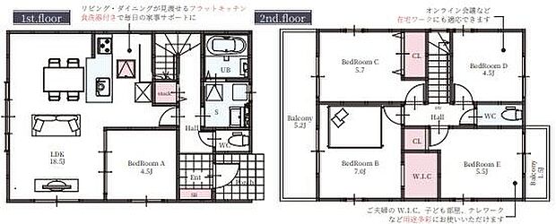 ゆとりあるリビングダイニングと機能的なキッチンが特徴です。全室に収納スペースを備えています。2階にはウォークインクローゼットがあり収納力に優れています。浴室やトイレなどの水回りも使いやすい配置です。