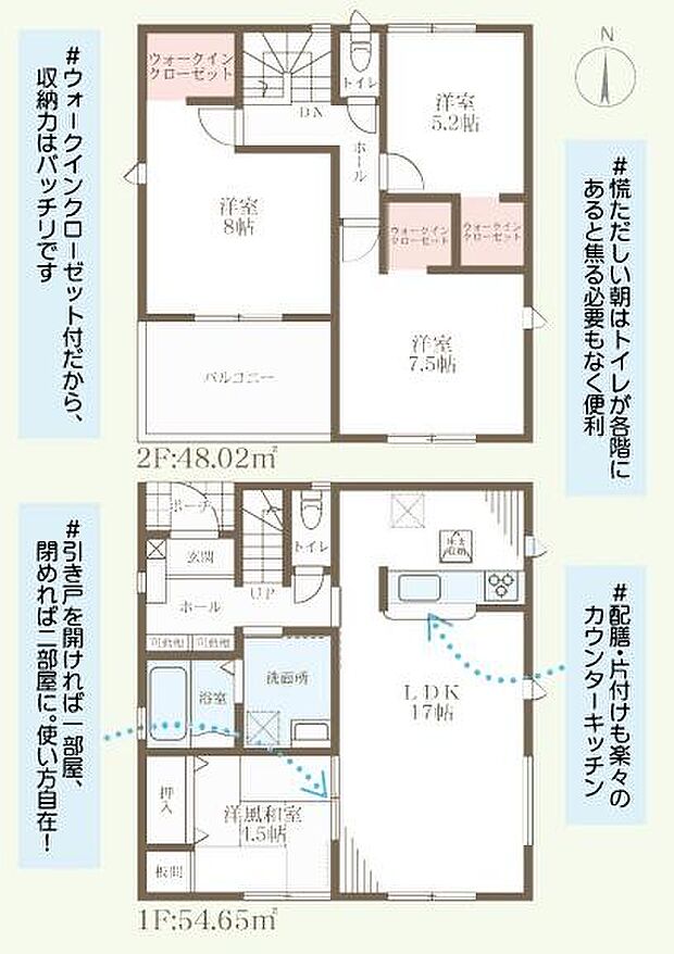 2階にはウォークインクローゼットが設置されており収納力が魅力です。トイレが寝室の近くにあるので使い勝手に配慮されています。リビングには対面カウンターキッチンが設けられ家事動線も考えられています。