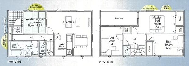 2階建ての間取りで各部屋の広さや配置が明確に分かります。1階にはゆとりのあるLDKと和洋室2階には三つのベッドルームが配置されています。
