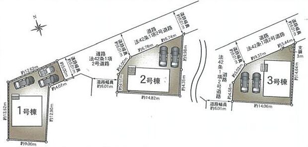 全体区画図には1号棟から3号棟までの配置と駐車スペースのレイアウトが明確に描かれています。各区画の敷地寸法や道路幅も示されており区画ごとの形状や広さが一目でわかります。
