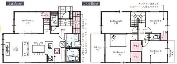 1階と2階にそれぞれ充実したベッドルームが配置されています。リビングやダイニングも広々とした設計です。ウォークインクローゼットが2階に用意され収納スペースも確保されています。