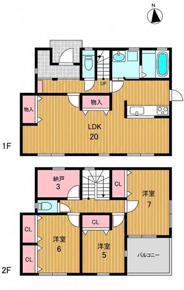 広々としたLDK20帖が特徴です。2階には3つの洋室と納戸があり用途に合わせて使えます。収納スペースも充実しており各部屋にクローゼットが設けられています。バルコニー付きで心地良い空間が広がります。