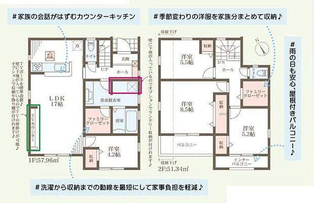 ゆとりあるリビングダイニングが魅力の間取りです。カウンターキッチンや屋根付きバルコニーなど日常を便利に過ごせる工夫がされています。各部屋に収納スペースが設けられているのも嬉しいポイントです。