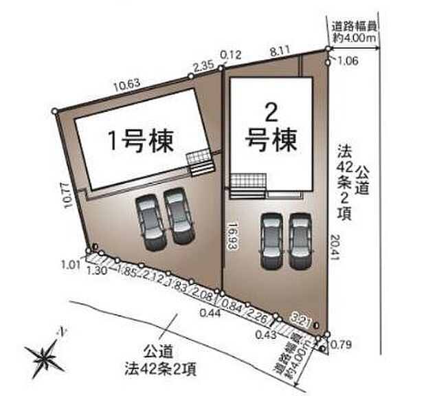 全体区画図は2棟の配置が明確に描かれております。それぞれの区画に駐車スペースが設けられ敷地の広さや道路との接道状況も一目で確認できます。区画ごとの独立性が保たれているのも特徴です。