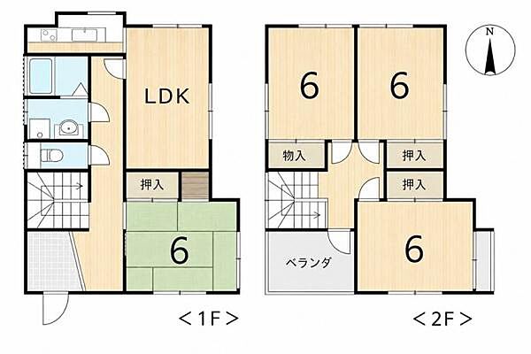 1階には広々としたLDKと和室があり生活動線が分かりやすい間取りです。各部屋には押入が備わっており収納スペースが充実しています。2階は3部屋すべて6帖の洋室で使い勝手が良い設計です。