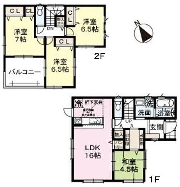 二階には洋室が3部屋ありそれぞれに収納スペースが設けられています。リビングダイニングキッチンは広々とした16帖。1階には和室も備え様々な使い方が可能です。全体的に使いやすい導線が考えられた間取りです。