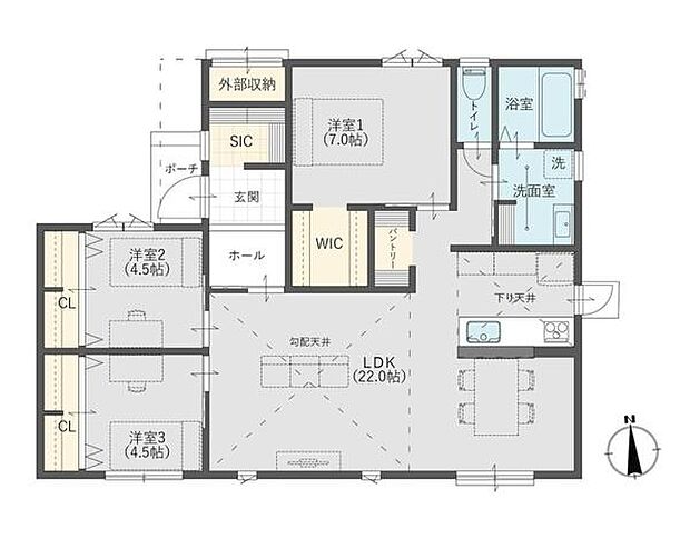 勾配天井で開放感のあるリビング♪回遊動線でスムーズな家事動き、アイランドキッチンで家族と会話が弾む設計。