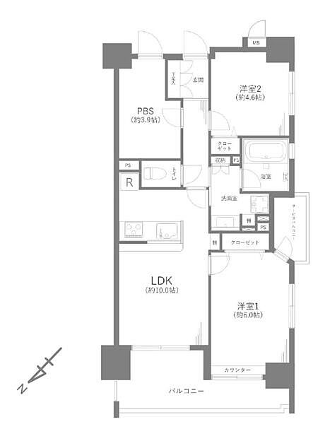 【間取り】大切なペットと暮らせる角部屋2SLDK。2面バルコニーで洗濯物が干しやすく、風通しも良好です。