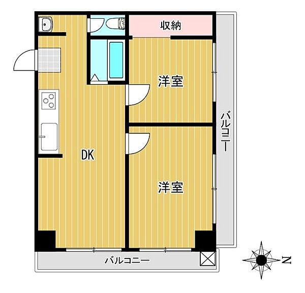 【間取り】2面バルコニー付きの角部屋2DK。事務所としてもご利用いただけます。