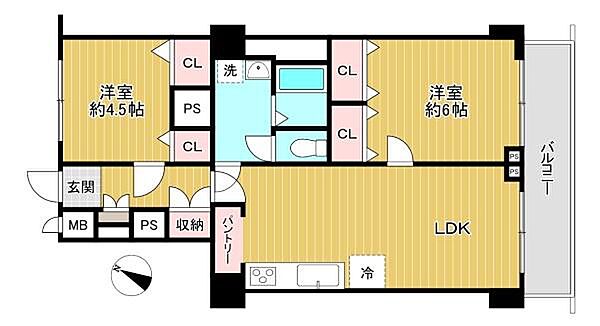 【間取り】南東向きにつき陽当たり良好な2LDK