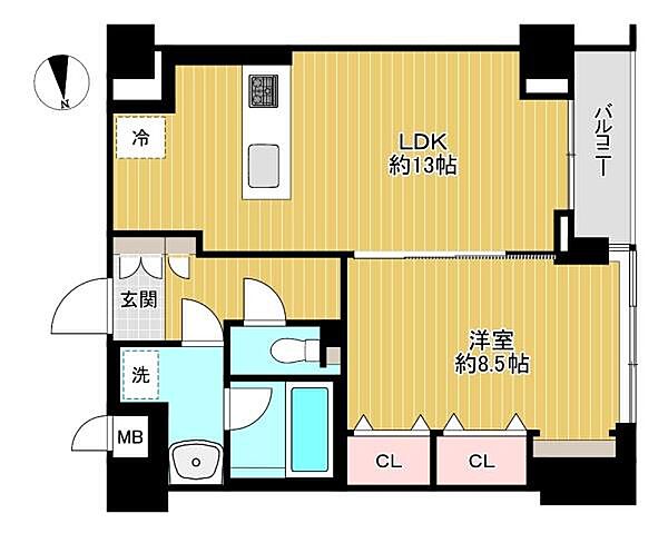 【間取り】高層階で陽当たり・眺望良好な1LDK