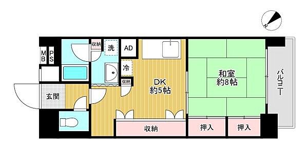 【間取り】南西向きで陽当り良好な1DK