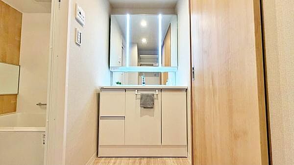【洗面台・洗面所】ミラーキャビネットと下部収納を備えた洗面化粧台。スキンケア用品なども収納できます。
