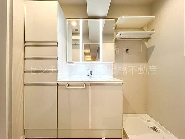 【洗面所】三面鏡の独立洗面台となっております。ストックなどを収納するのに便利な収納棚が豊富♪