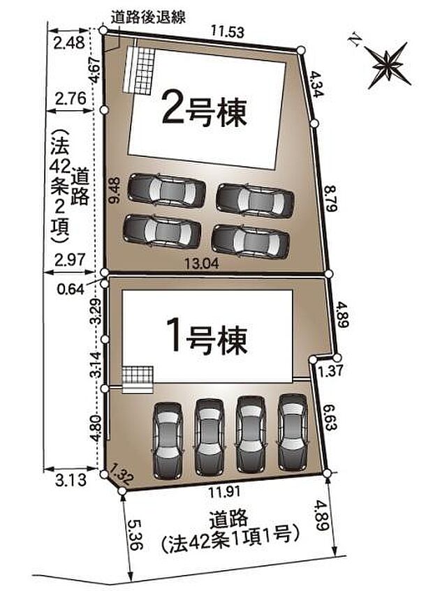 こちらは1号棟になります。角地・南側前面道路で日当たり良好駐車たっぷり並列4台可能！（車種による）