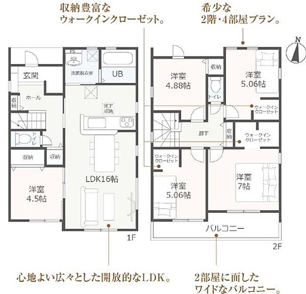 1号棟・5LDK・土地面積144.08平方メートル(43.58坪)・建物面積106.01平方メートル(32.06坪)